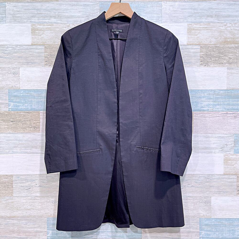 Eileen Fisher Silk Lined Collarless Longline Open Blazer Jacket Black Womens 4